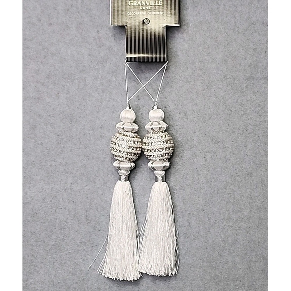 White Victorian‎ Style Christmas Tree Ornaments Rhinestones Tassels 2 Pc Shabby